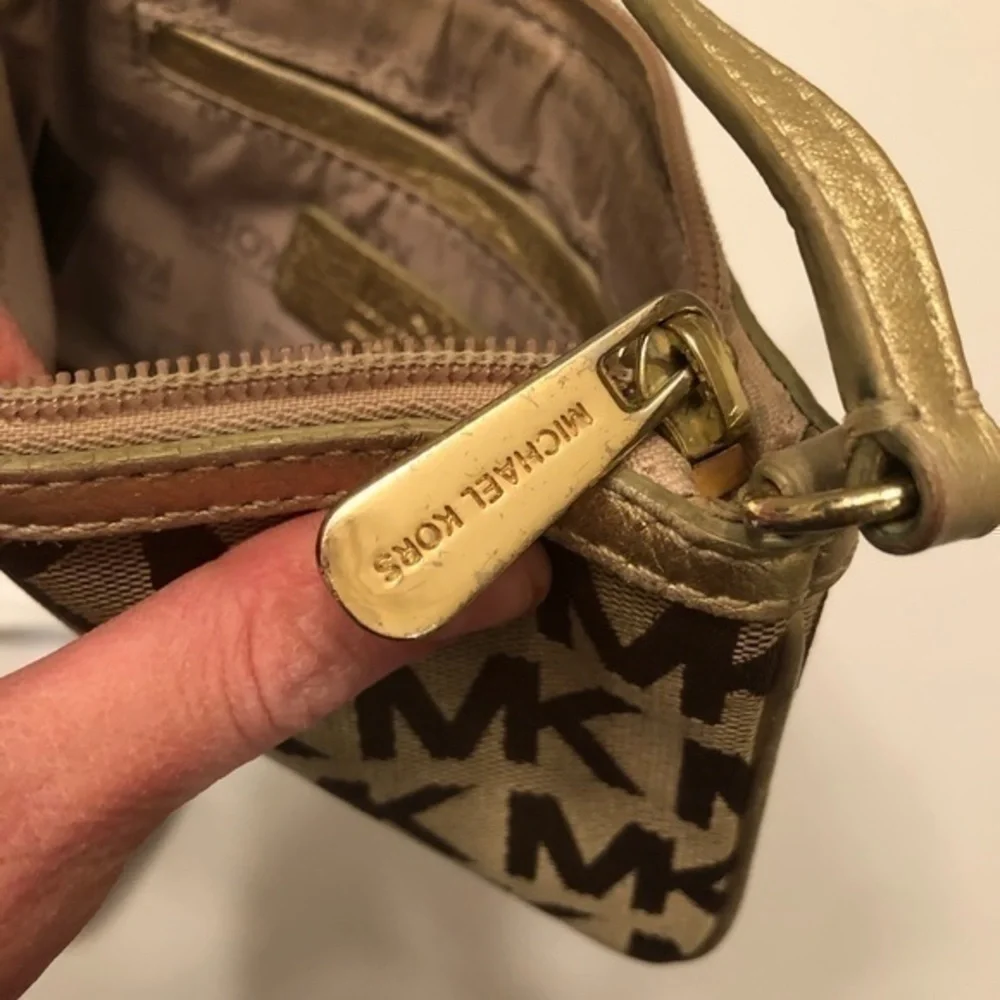 Michael kors gold khaki brown wristlet clutch bag